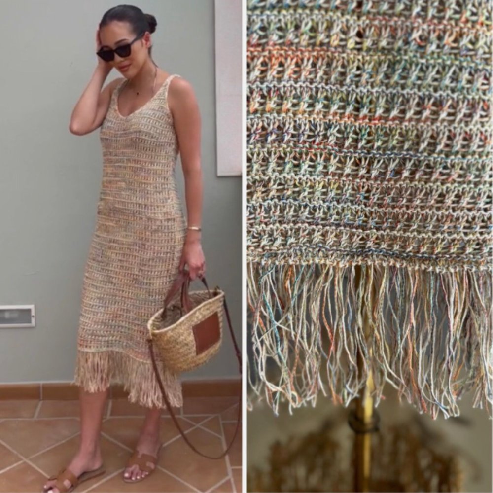 Zara beige Crochet Fringe Dress